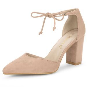 Ankle Tie Chunky Heel Pointed Toe Dress Pumps Nude